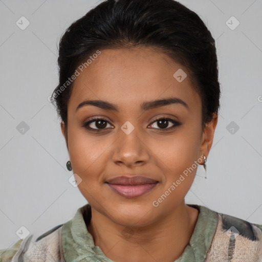 Joyful latino young-adult female with short  brown hair and brown eyes