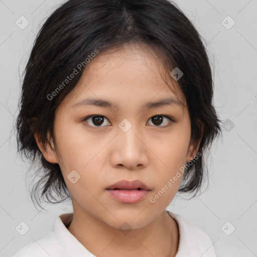 Neutral asian young-adult female with medium  brown hair and brown eyes