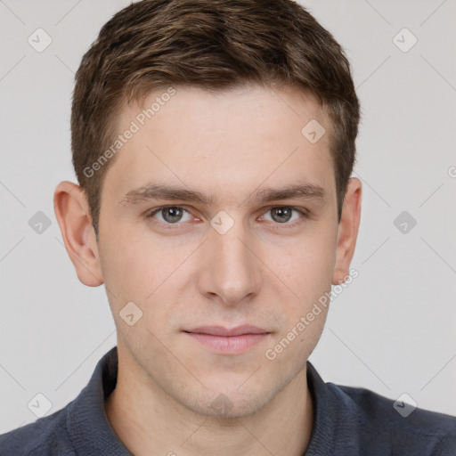 Neutral white young-adult male with short  brown hair and grey eyes