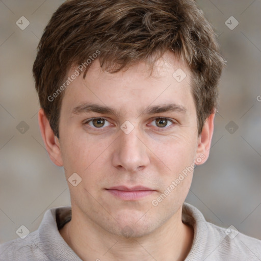 Neutral white young-adult male with short  brown hair and grey eyes