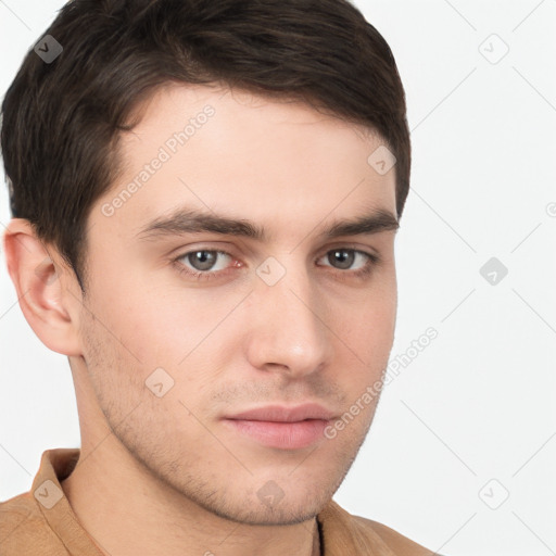 Neutral white young-adult male with short  brown hair and brown eyes