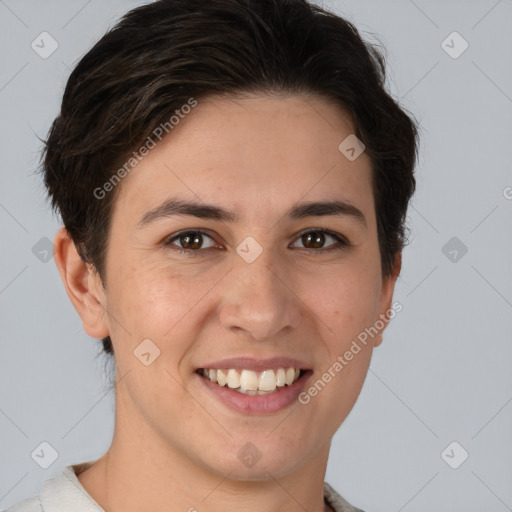 Joyful white young-adult female with short  brown hair and brown eyes