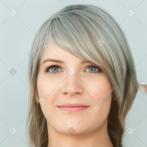 Joyful white young-adult female with medium  brown hair and blue eyes