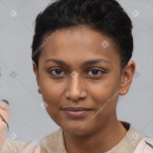 Joyful latino young-adult female with short  black hair and brown eyes