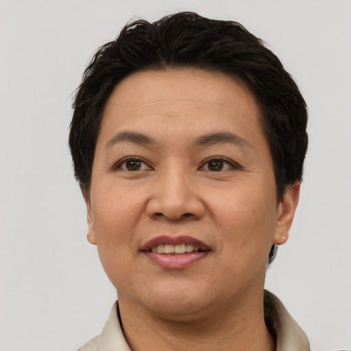 Joyful asian adult female with short  brown hair and brown eyes