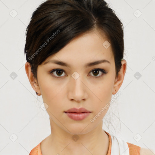 Neutral white young-adult female with medium  brown hair and brown eyes