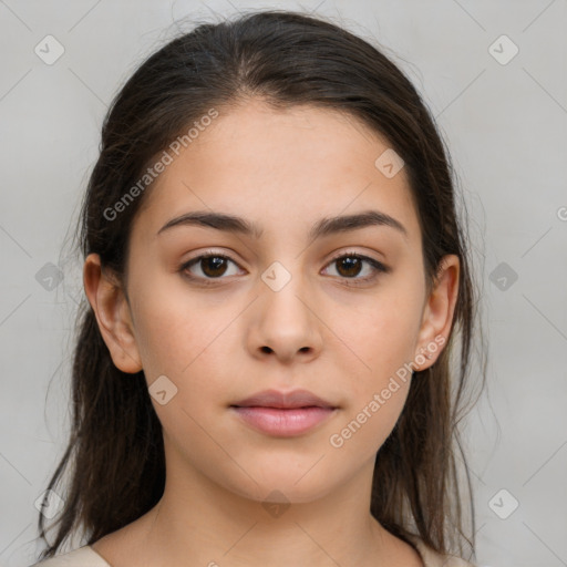 Neutral white young-adult female with medium  brown hair and brown eyes