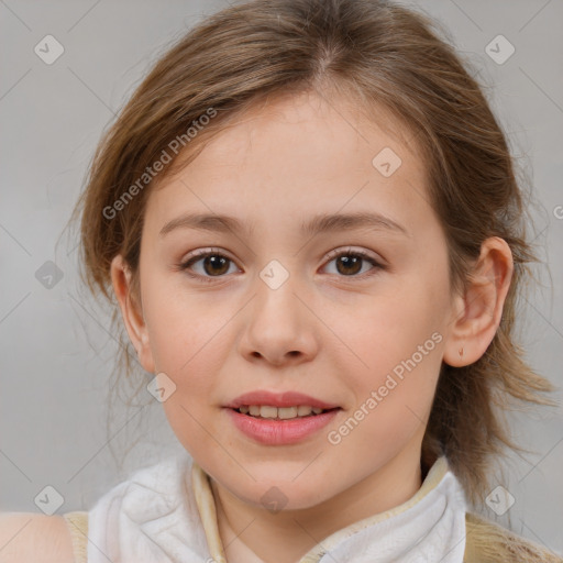 Joyful white child female with medium  brown hair and brown eyes