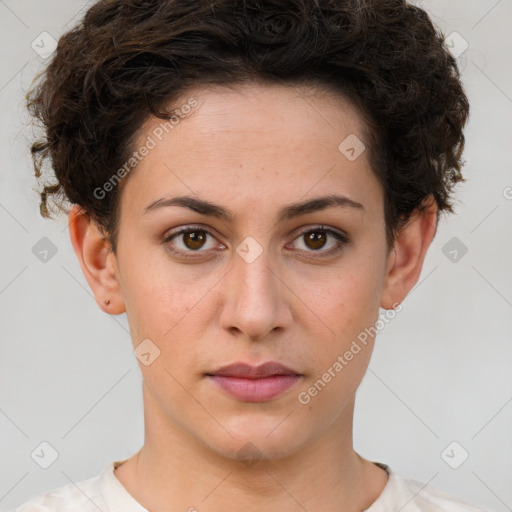 Neutral white young-adult female with short  brown hair and brown eyes