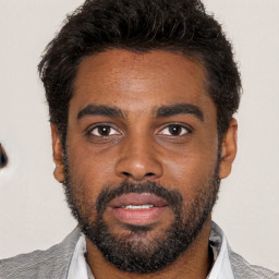 Neutral black young-adult male with short  black hair and brown eyes