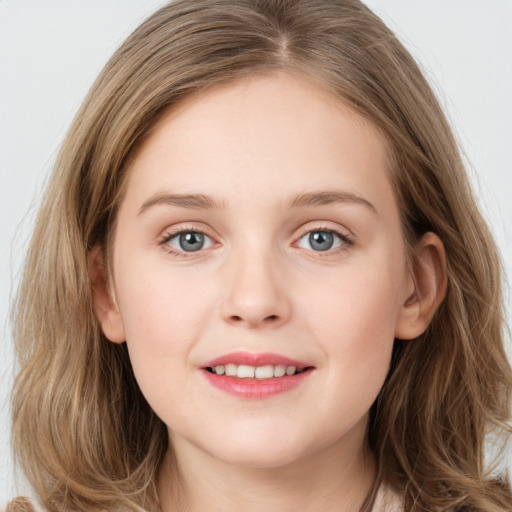 Joyful white young-adult female with long  brown hair and blue eyes