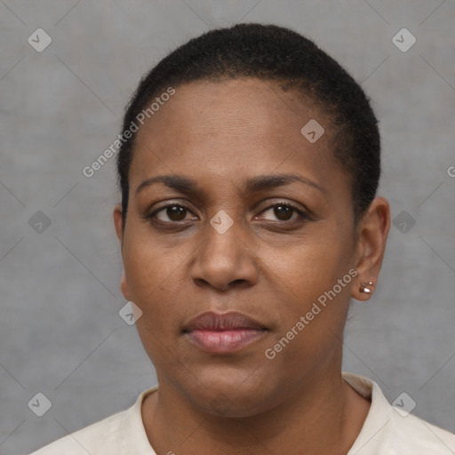 Neutral black young-adult female with short  brown hair and brown eyes