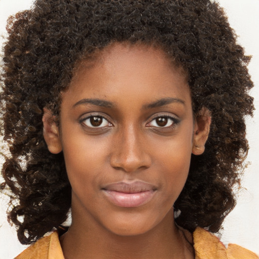 Neutral black young-adult female with medium  brown hair and brown eyes