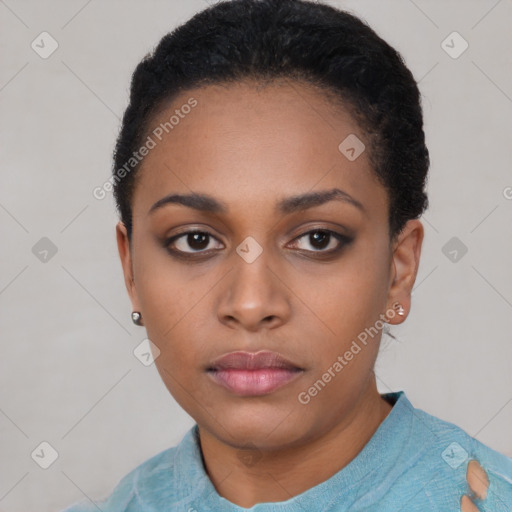 Neutral black young-adult female with short  black hair and brown eyes