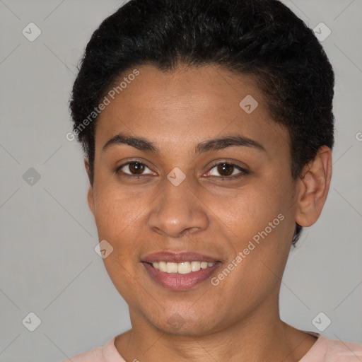 Joyful latino young-adult female with short  brown hair and brown eyes