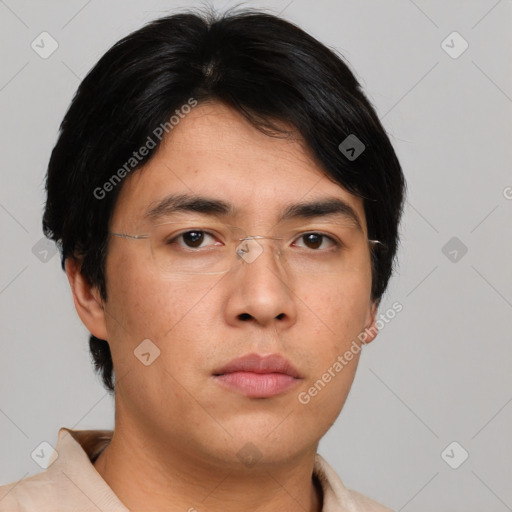 Neutral asian young-adult male with short  brown hair and brown eyes