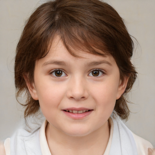 Joyful white child female with medium  brown hair and brown eyes