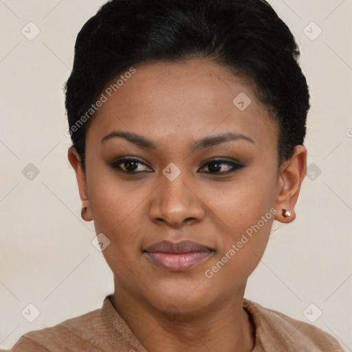 Joyful black young-adult female with short  black hair and brown eyes