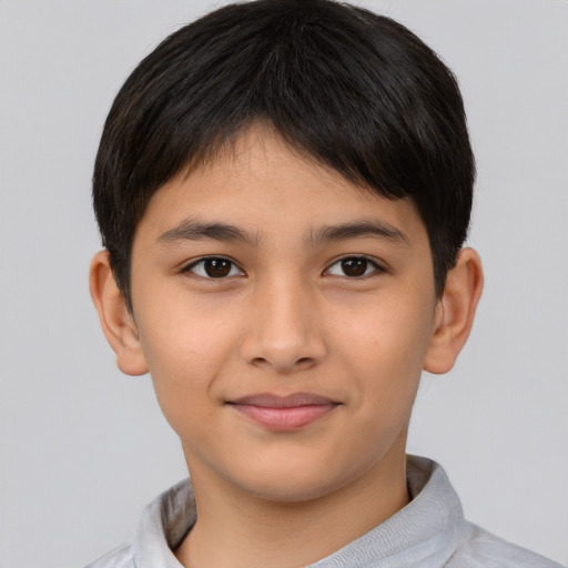 Joyful asian child male with short  brown hair and brown eyes