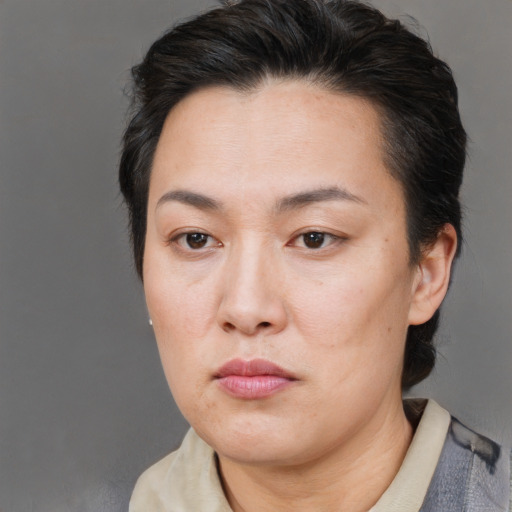 Neutral asian young-adult female with short  brown hair and brown eyes