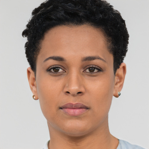 Neutral latino young-adult female with short  black hair and brown eyes