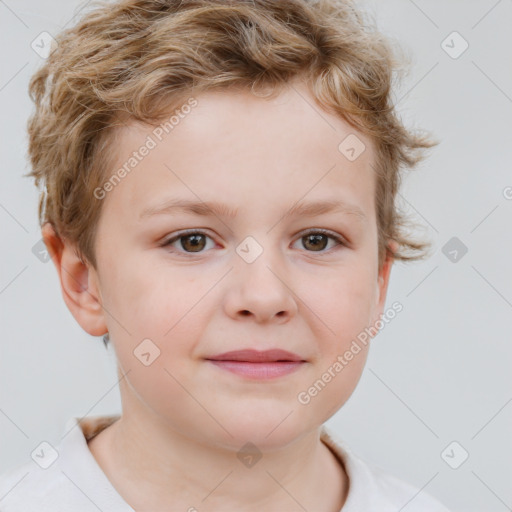 Joyful white child female with short  brown hair and brown eyes