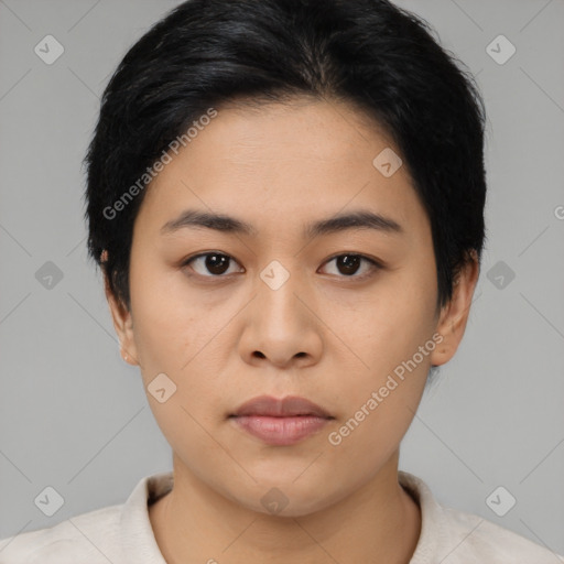 Neutral asian young-adult female with short  black hair and brown eyes