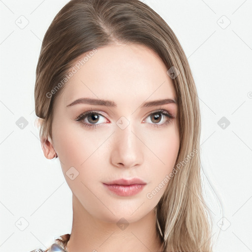 Neutral white young-adult female with long  brown hair and brown eyes