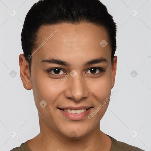 Joyful white young-adult female with short  brown hair and brown eyes