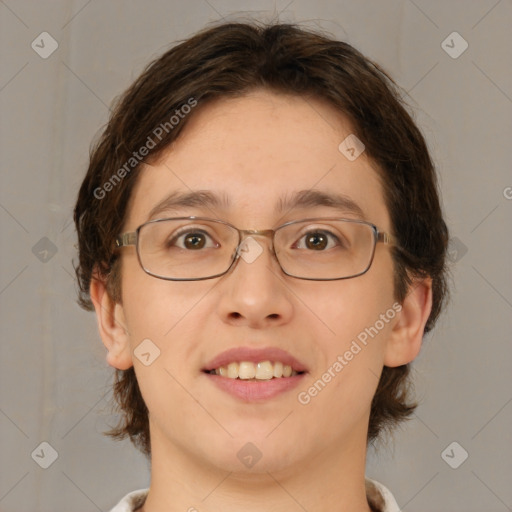 Joyful white adult female with medium  brown hair and brown eyes