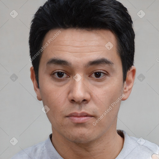 Neutral white young-adult male with short  black hair and brown eyes
