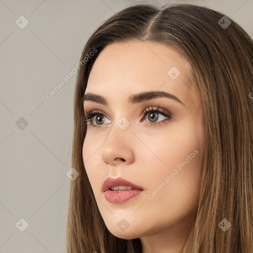 Neutral white young-adult female with long  brown hair and brown eyes