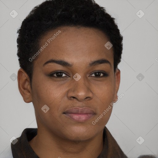 Joyful black young-adult female with short  brown hair and brown eyes