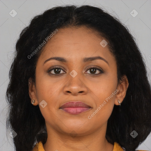 Joyful asian young-adult female with long  brown hair and brown eyes