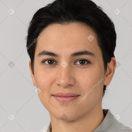 Joyful white young-adult female with short  brown hair and brown eyes