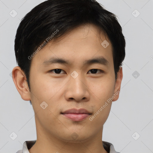 Neutral asian young-adult male with short  brown hair and brown eyes