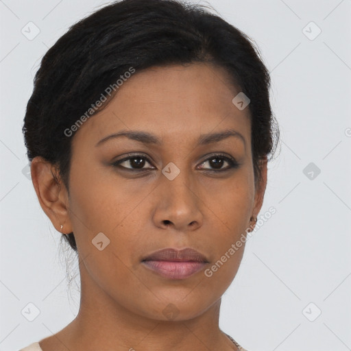 Neutral black young-adult female with short  brown hair and brown eyes