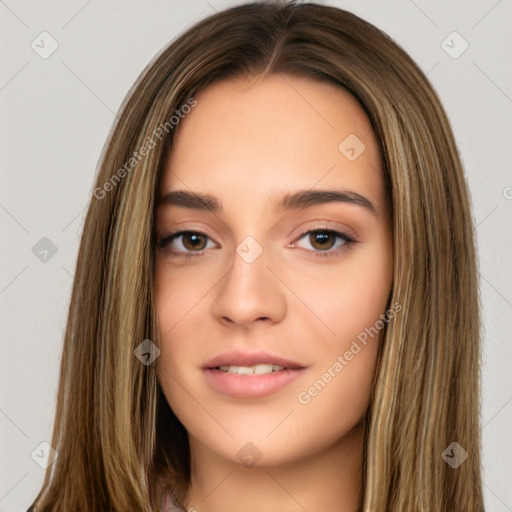 Neutral white young-adult female with long  brown hair and brown eyes