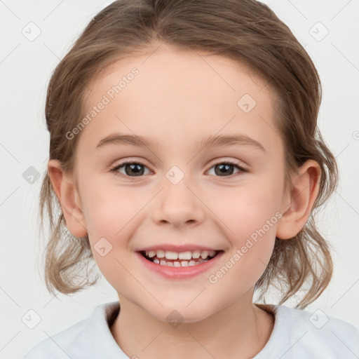 Joyful white child female with medium  brown hair and brown eyes