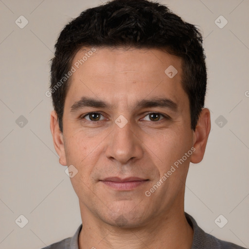 Neutral white adult male with short  brown hair and brown eyes