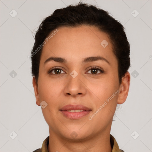 Joyful white young-adult female with short  brown hair and brown eyes