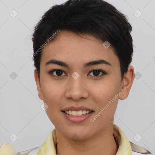 Joyful asian young-adult female with short  brown hair and brown eyes