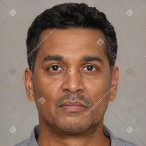 Neutral latino adult male with short  black hair and brown eyes