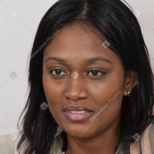 Joyful asian young-adult female with long  brown hair and brown eyes