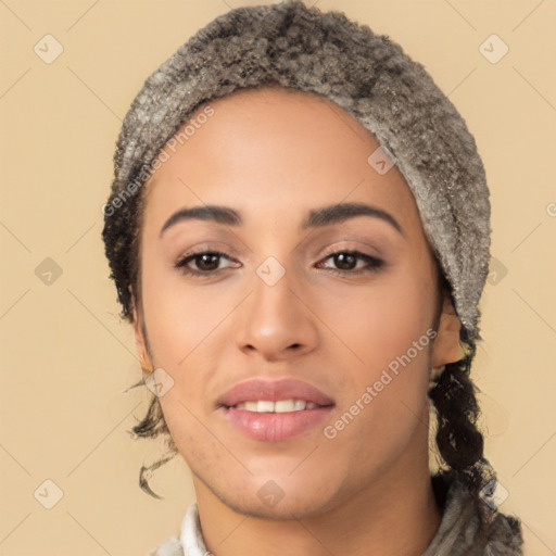 Joyful latino young-adult female with short  black hair and brown eyes