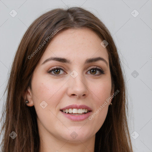 Joyful white young-adult female with long  brown hair and brown eyes