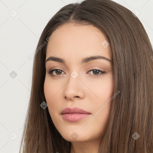 Neutral white young-adult female with long  brown hair and brown eyes