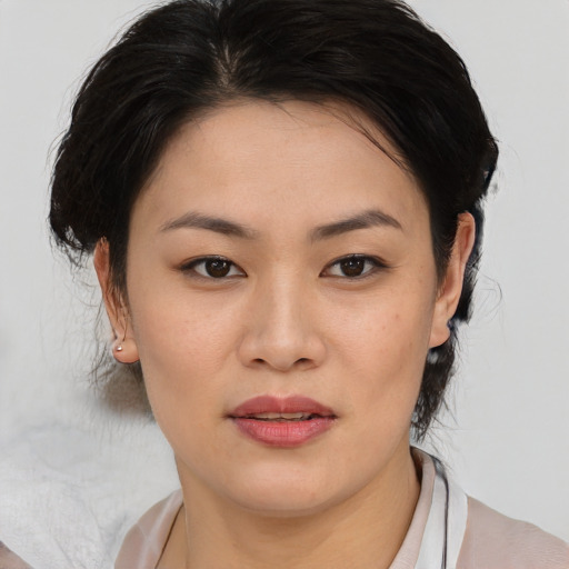 Joyful asian young-adult female with medium  brown hair and brown eyes