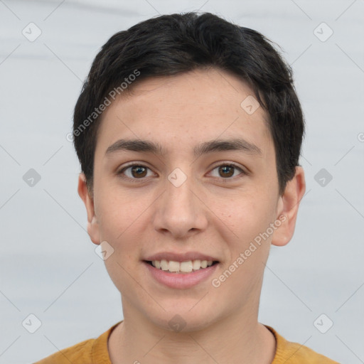 Joyful white young-adult male with short  brown hair and brown eyes