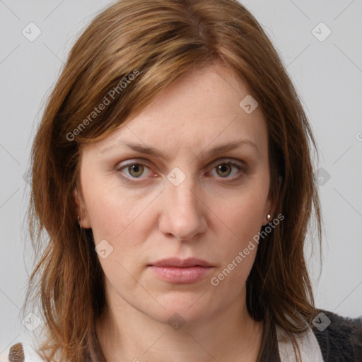 Neutral white young-adult female with medium  brown hair and grey eyes